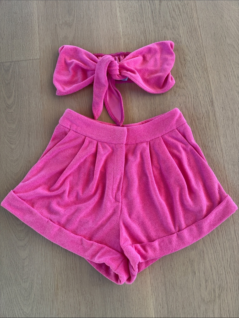 My Beachy Side - Pink Terry Cloth High-Waist Pleated Shorts & bandeau top set
